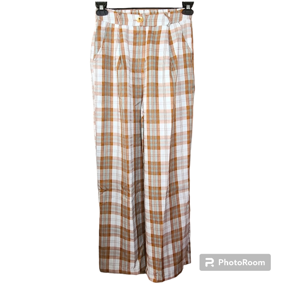 NWT Listicle Size Small Sky Blue Brown Plaid Pleated Wide Leg Trouser Pants - Picture 5 of 16
